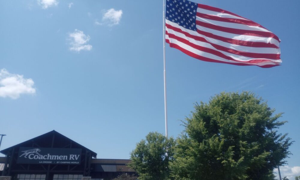 Giant Stars and Stripes were set up at the RV store in Onalaska