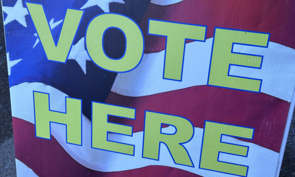 Vote Here sign in front of La Crosse City Hall on February 11, 2025