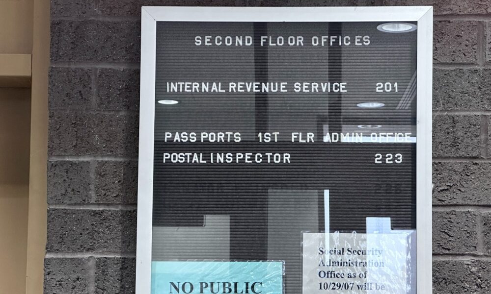 Sign of the directory listing the IRS office in La Crosse.